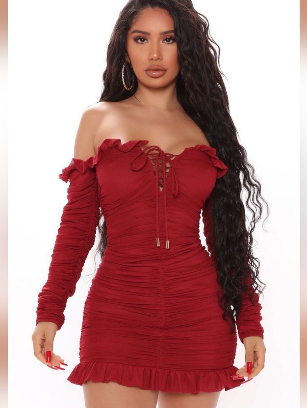 Fashion Nova Sleeve It To Me Ruched Mini Dress Sz Large NWT